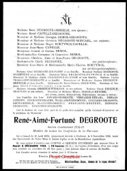 René Aimé Fortuné DEGROOTE époux DEHEELE, décédé à Oxelaere, le 3 Novembre 1953 (78 ans).
